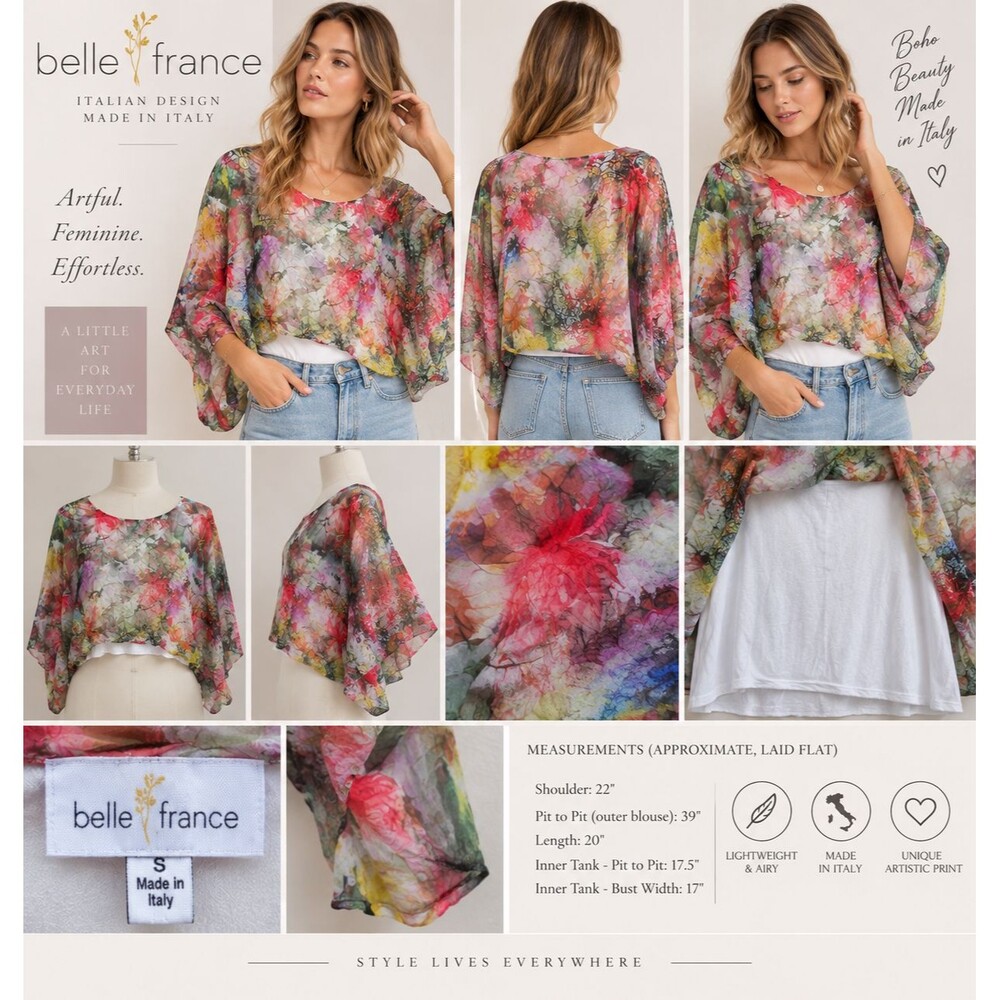 Belle France Made in Italy Floral Silk Blouse S Sheer Layered Boho Tunic